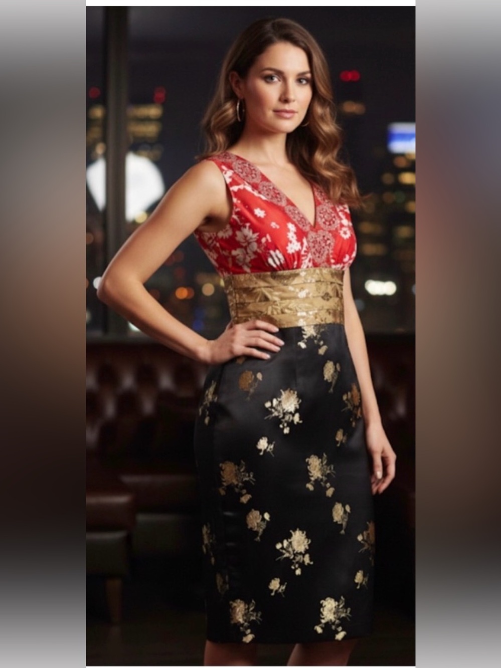 Phoebe Couture Red, Gold & Black Floral Sheath Dress